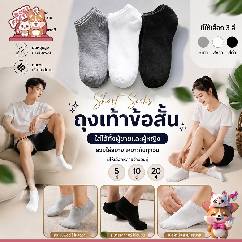 Boqi Factory ถุงเท้าข้อสั้น  ใส่ได้ทั้งหญิง-ชาย สไตล์คลาสสิก  ระบายอากาศได้ดี Posock