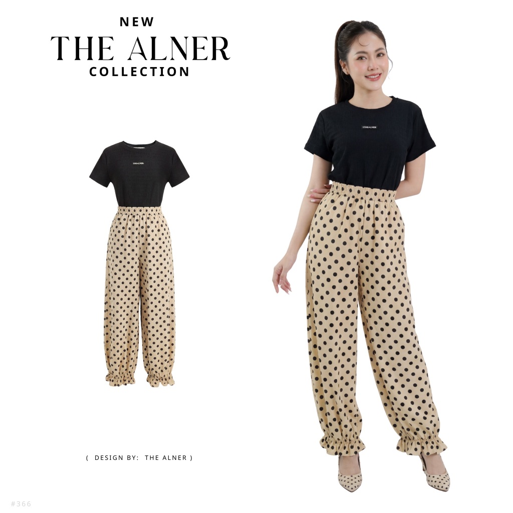 Thealner-AN366 (เซตเสื้อยีนส์ดำกางเกงขายาวลายจุด)