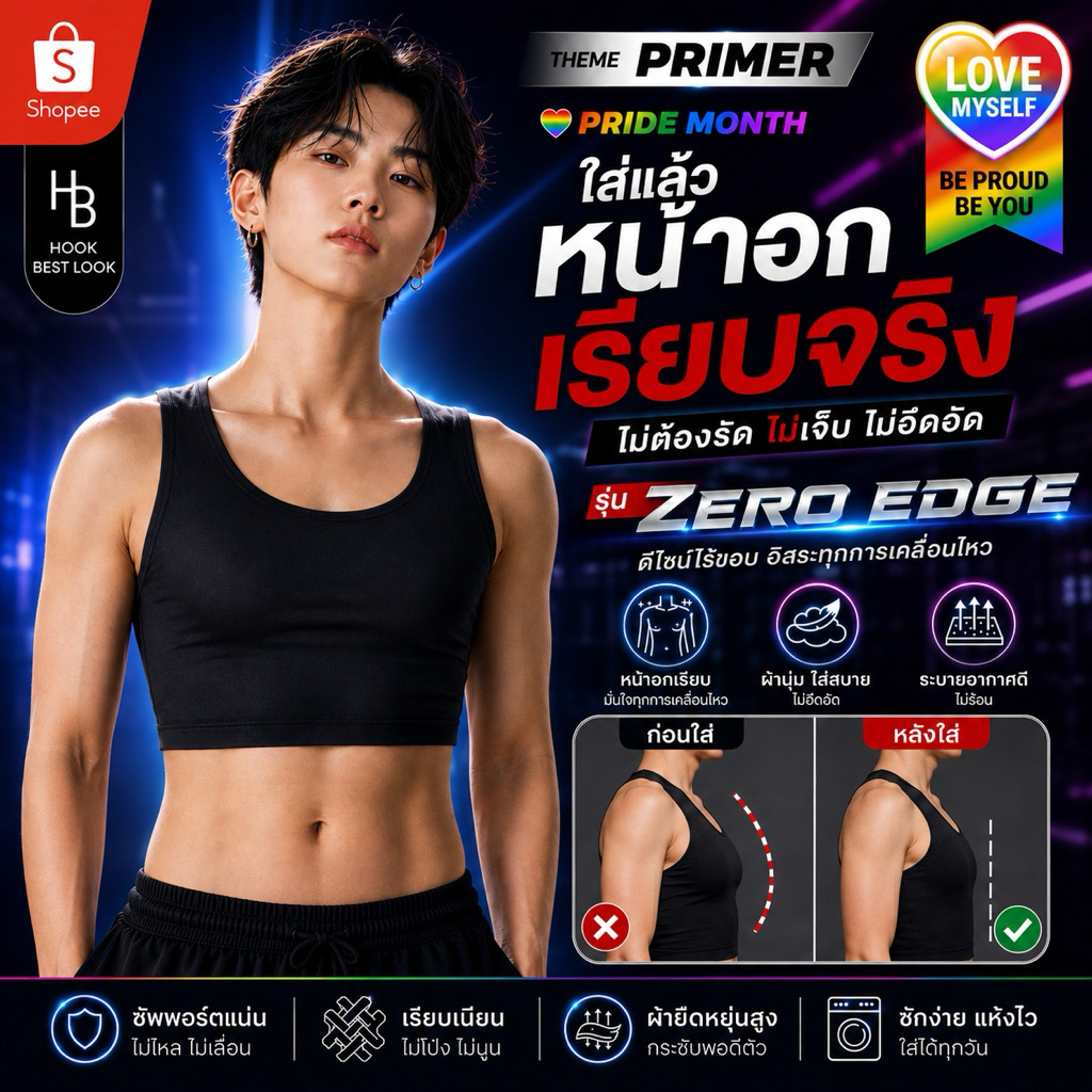 เสื้อกล้ามทอม เก็บหน้าอก รุ่น Zero Edge Seamless ไร้ขอบ สีดำ สปอร์ตบราทอม เนียนเรียบ | HOOK Best Look