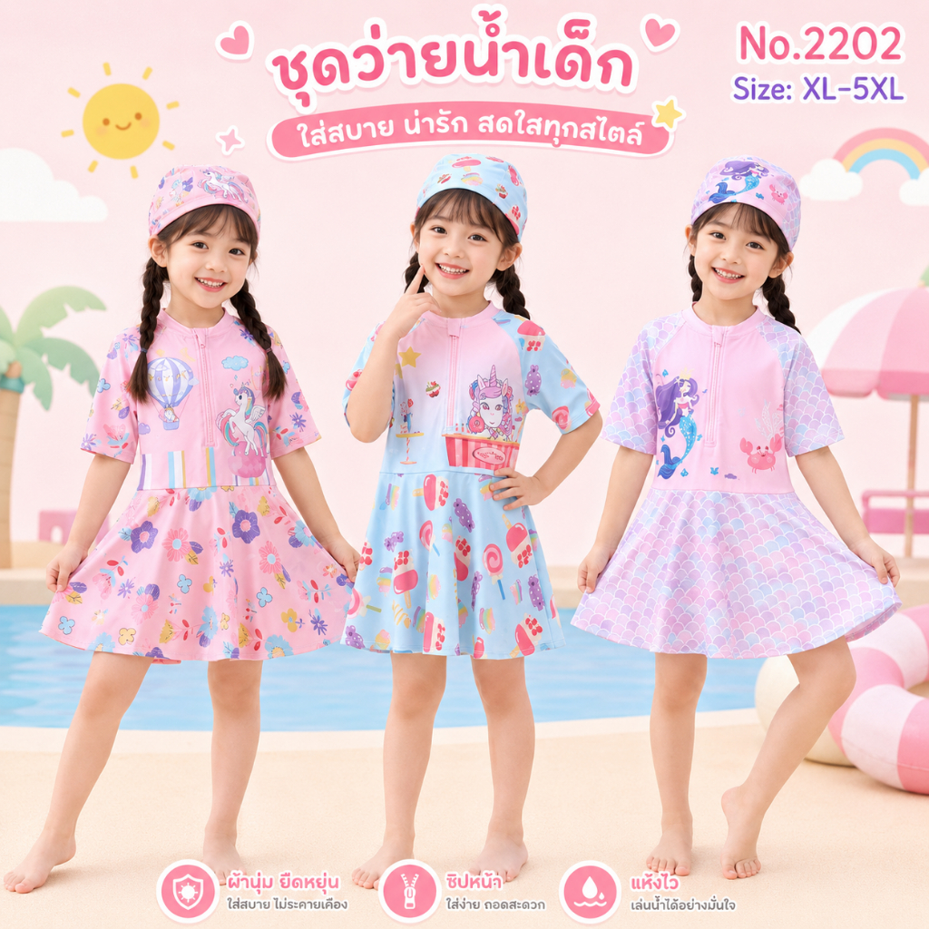 ⭐🦄ชุดว่ายน้ำเด็กผู้หญิงแขนสั้นกระโปรง มีขาสั้นข้างในกันโป้ รุ่น 2202