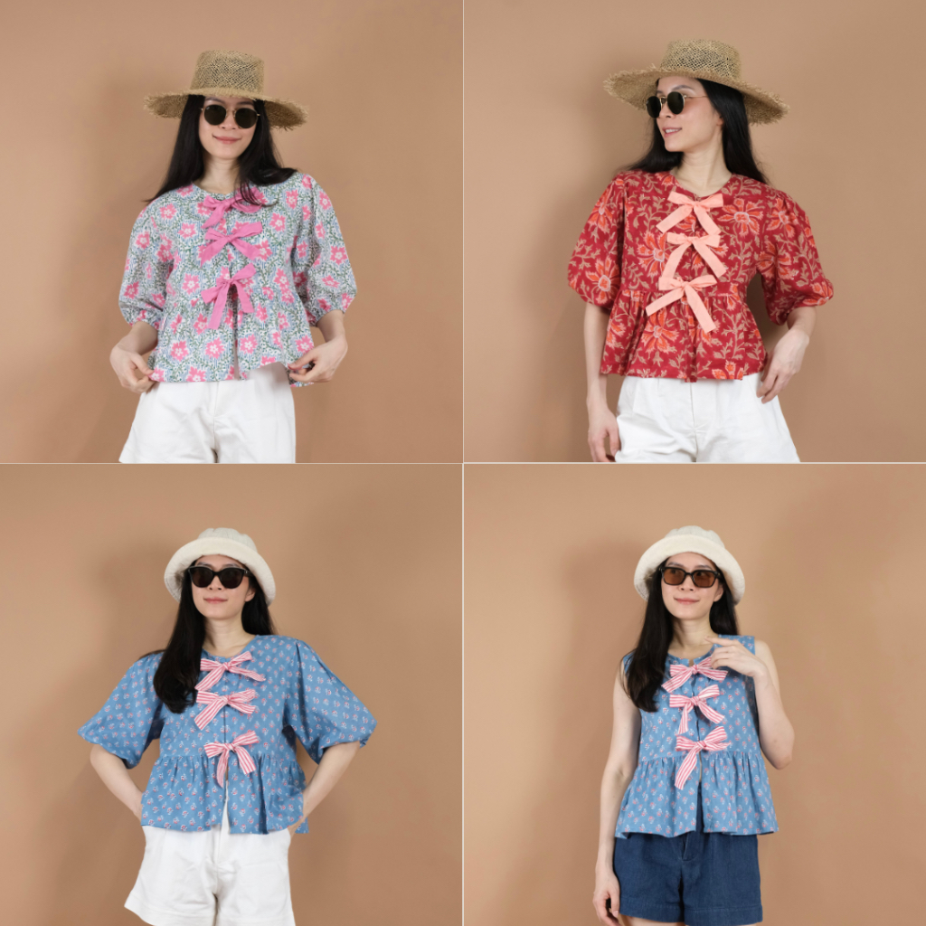 Bow Ties Top with Puff Sleeve