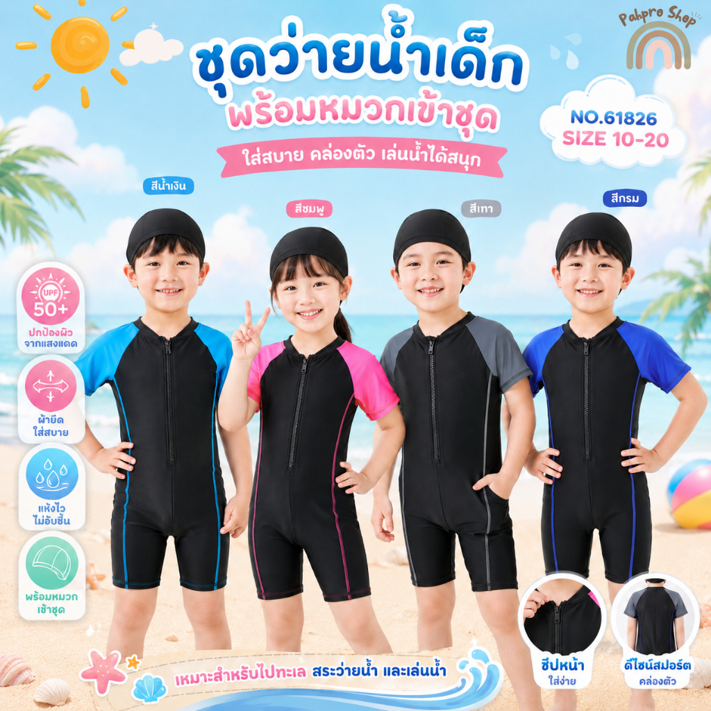 ชุดว่ายน้ำเด็ก แบบชิ้นเดียว พร้อมหมวก ผ้าดี ใส่สบาย พร้อมส่ง 61826