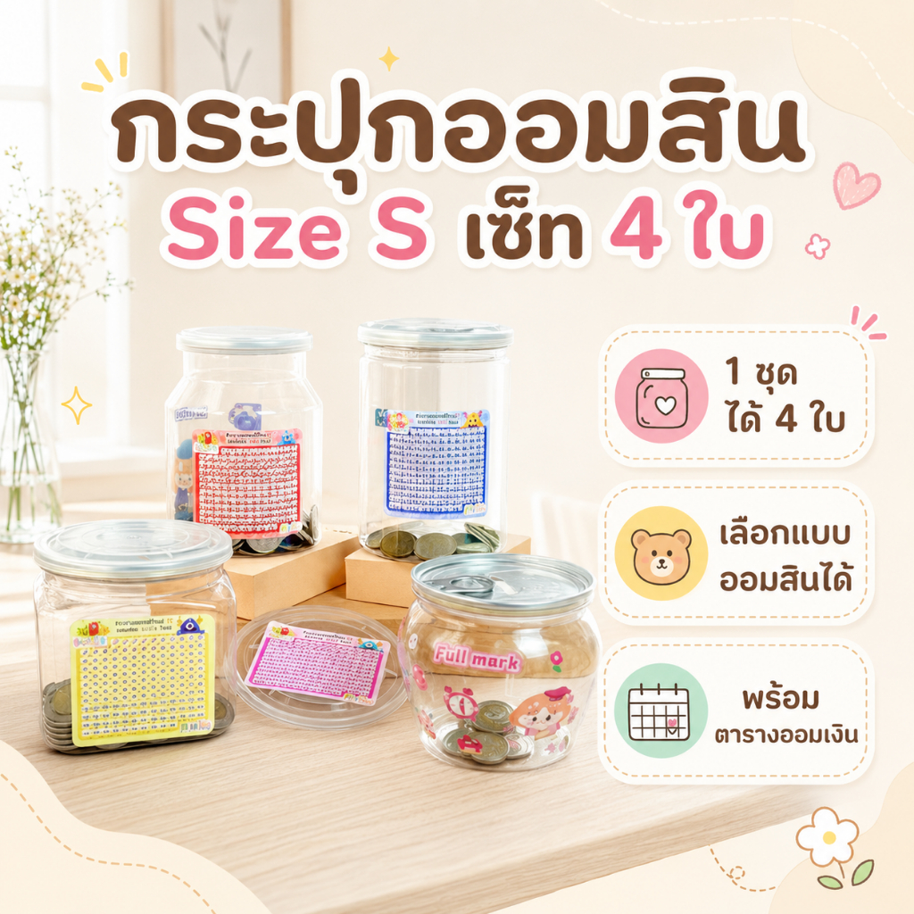 (เซ็ท 4 ใบ) กระปุกออมสินมินิ Size S พร้อมตารางออมเหรียญ และสติ๊กเกอร์ตกแต่งน่ารัก ออมสิน