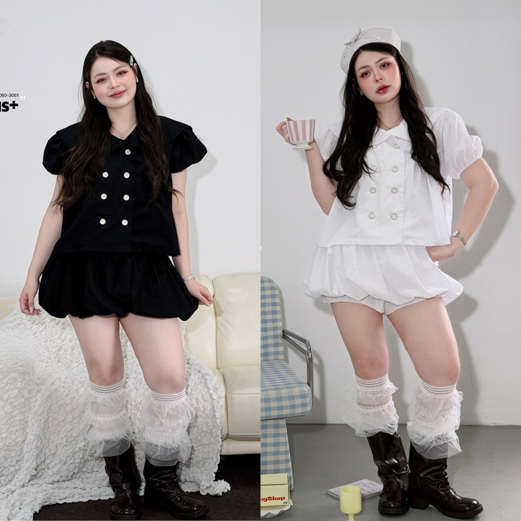 /LD/ ชุดเซ็ตมาชเมลโล่ มีไซส์อก40-52 เสื้อปกกลาสี+กระโปรงบอลลูนซับในกางเกง เอวสม็อคหลัง ผ้าคอตตอนใส่สบาย #สาวอวบอ้วน