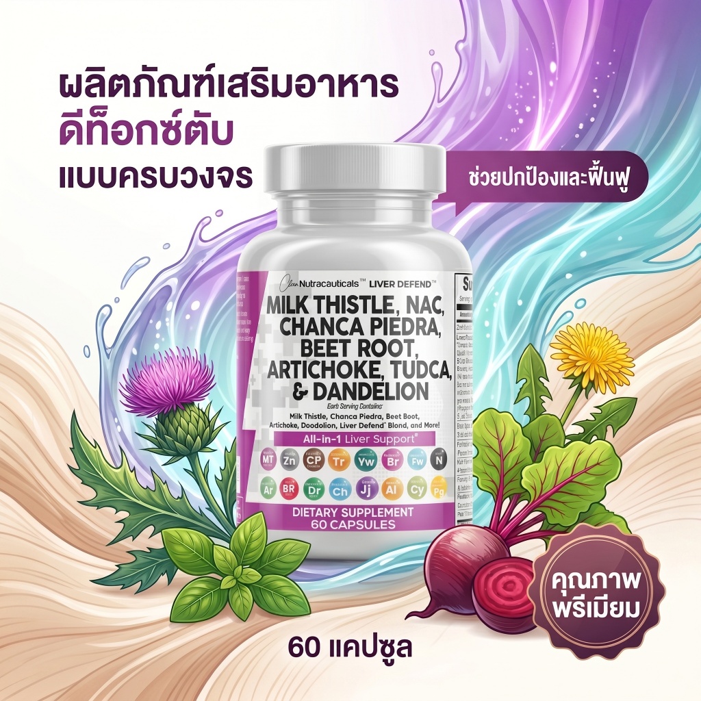 Clean Nutraceuticals สารสกัดขมิ้นข้น พร้อม NAC ตับแข็งแรง ดีท็อกซ์ บำรุงตับ Chanca Piedra บีทรูท อาร์ติโชค 60 แคปซูล