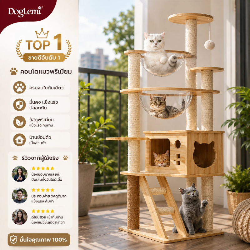 【Doglemi】คอนโดแมว XXL บ้านแมวไม้สูงพิเศษ พร้อมเปลใส เสาลับเล็บ ที่นอนแมวหลายชั้น รองรับแมวตัวใหญ่