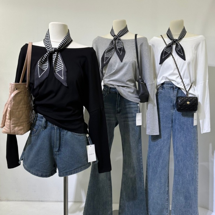 M1941 เสื้อยืดแขนยาวปาดไหล่ พร้อมผ้าพันคอ  ดีไซน์มินิมอล