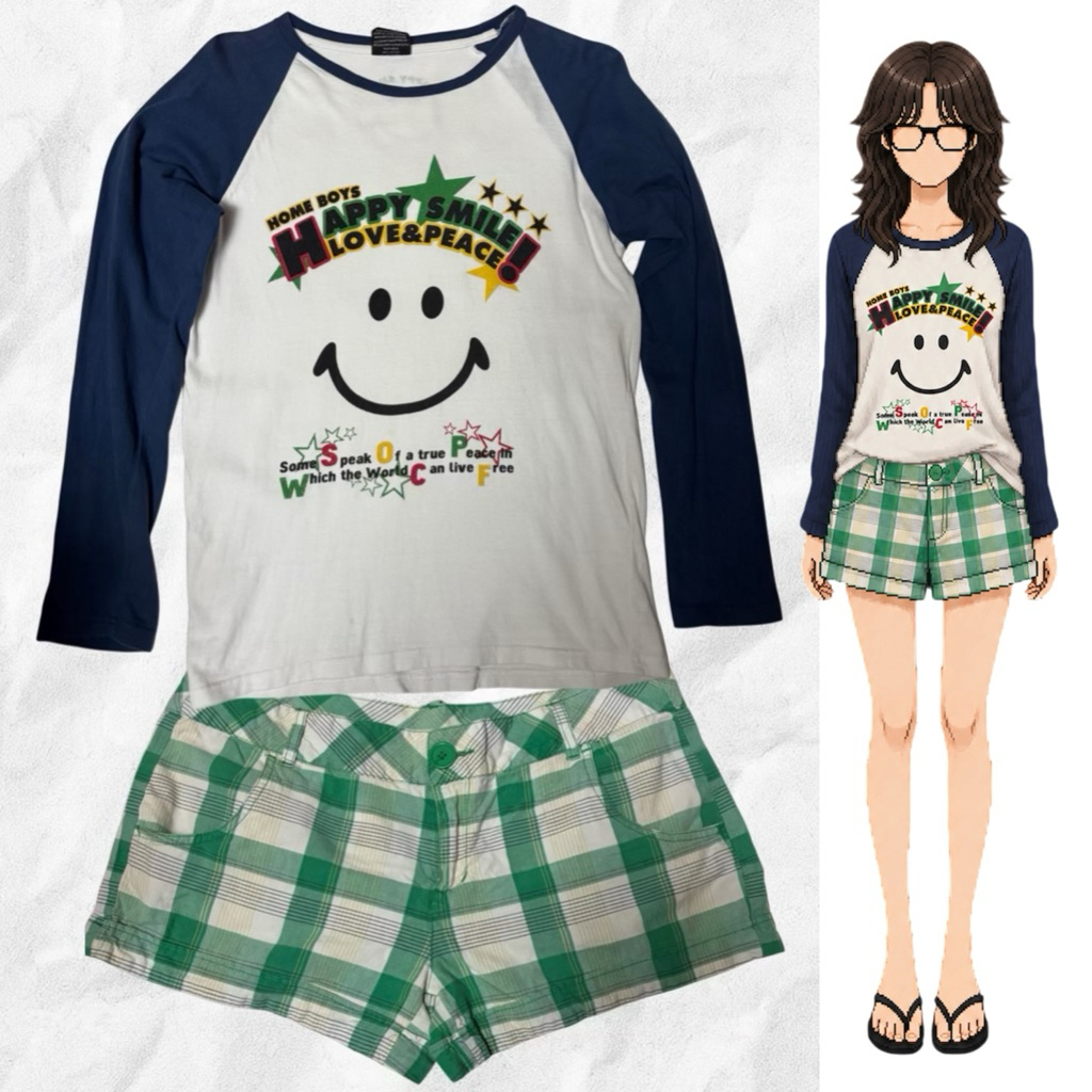 เสื้อยืดแขนยาว homeboys smile กางเกงขาสั้นลายสก็อต surf y2k summer มือสอง