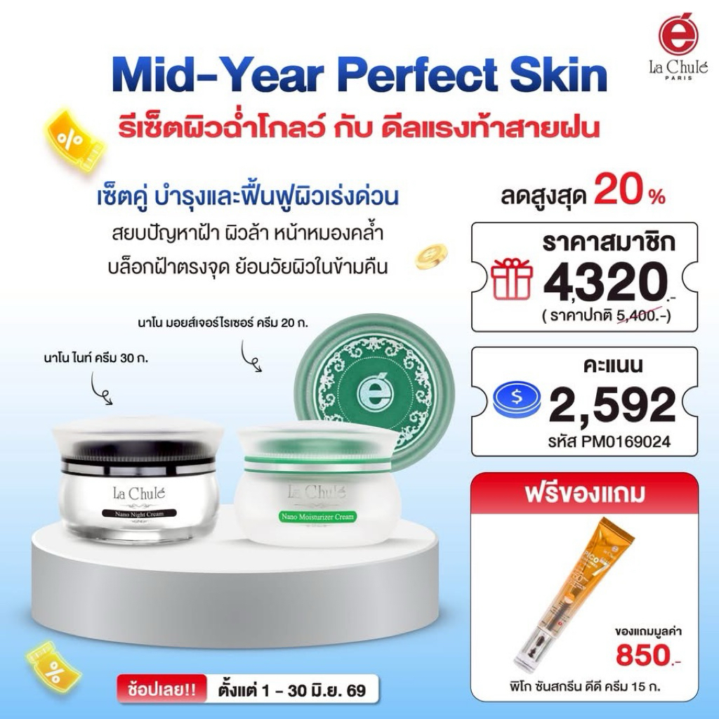 🔥Hot Deal⚡ลาชูเล่คู่จิ้น เคลียร์ผิวกระจ่างใส ไร้ฝ้ากระ ไร้ริ้วรอย แถมพิโกดีดี ซันกรีนครีม(ไนท์ครีม30g +ครีมฝาเขียว 20g)