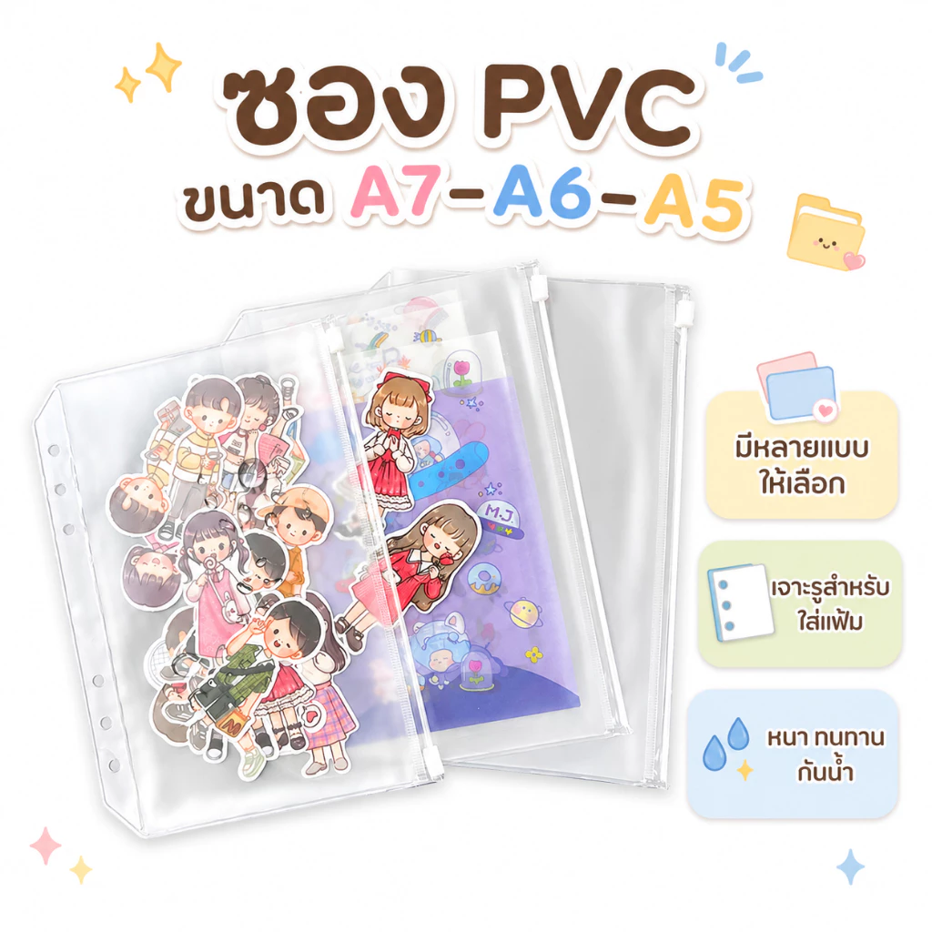 ซอง PVC ขนาด A7-A6-A5 ซองซิป ใส่ปากกาดินสอ ซองใส่เงินแบงค์ ใส่สมุดบัญชีธนาคารได้