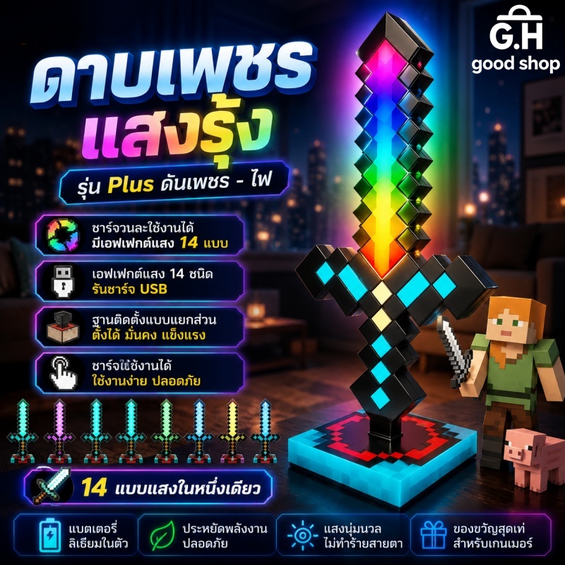 ดาบเรืองแสง 14 สี สไตล์พิกเซล ของเล่น + โคมไฟ USB Type-C โคมไฟดาบพิกเซล ดาบตั้งโต๊ะ ไฟ LED เปลี่ยนสี