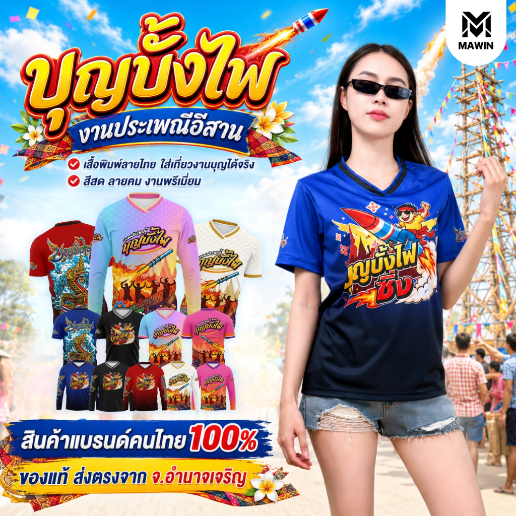 MAWIN เสื้อกีฬาแฟชั่นพิมพ์ลาย บุญบั้งไฟ ใส่ได้ทั้งหญิง ชาย