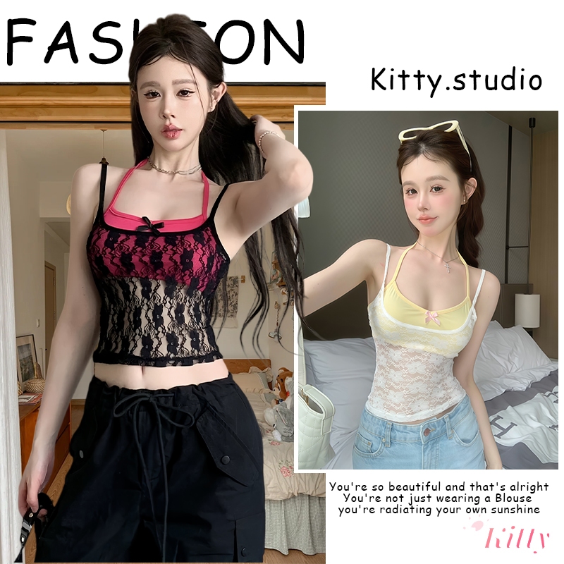 KITTY พร้อมส่ง🎀 เสื้อครอป ขอบลูกไม้ เสื้อเซ็กซี่ผู้หญิง สุดเซ็กซี่ แฟชั่นเซ็กซี่ผู้หญิง เสื้อSet2ชิ้น สไตล์Y2k