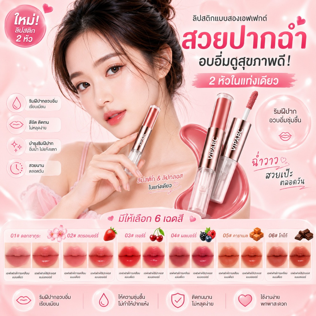 🔥【สินค้าพร้อมส่ง】ลิปกลอส ลิปทูอินวัน แบบสองหัว เนื้อฉ่ำวาว แมตต์ กันน้ำ ติดทนนาน ชุ่มชื้นไม่ตกร่อง