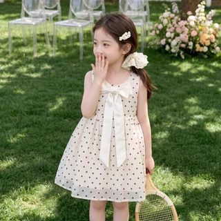 PRINCESS KESLI ชุดเดรสเด็กผู้หญิง ชุดเดรสไม่มีแขนลายจุด แต่งโบว์ใหญ่ สุดน่ารัก สำหรับปาร์ตี้วันเกิด/ไปเที่ยว 2-12 ปี