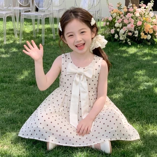 PRINCESS KESLI ชุดเดรสเด็กผู้หญิง ชุดเดรสไม่มีแขนลายจุด แต่งโบว์ใหญ่ สุดน่ารัก สำหรับปาร์ตี้วันเกิด/ไปเที่ยว 2-12 ปี