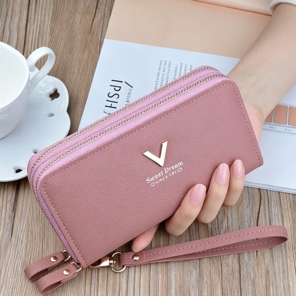(  กระเป๋าสตางค์ใบยาว 2 ซิป โลโก้ V  มีหลายสีให้เลือกGC-001)