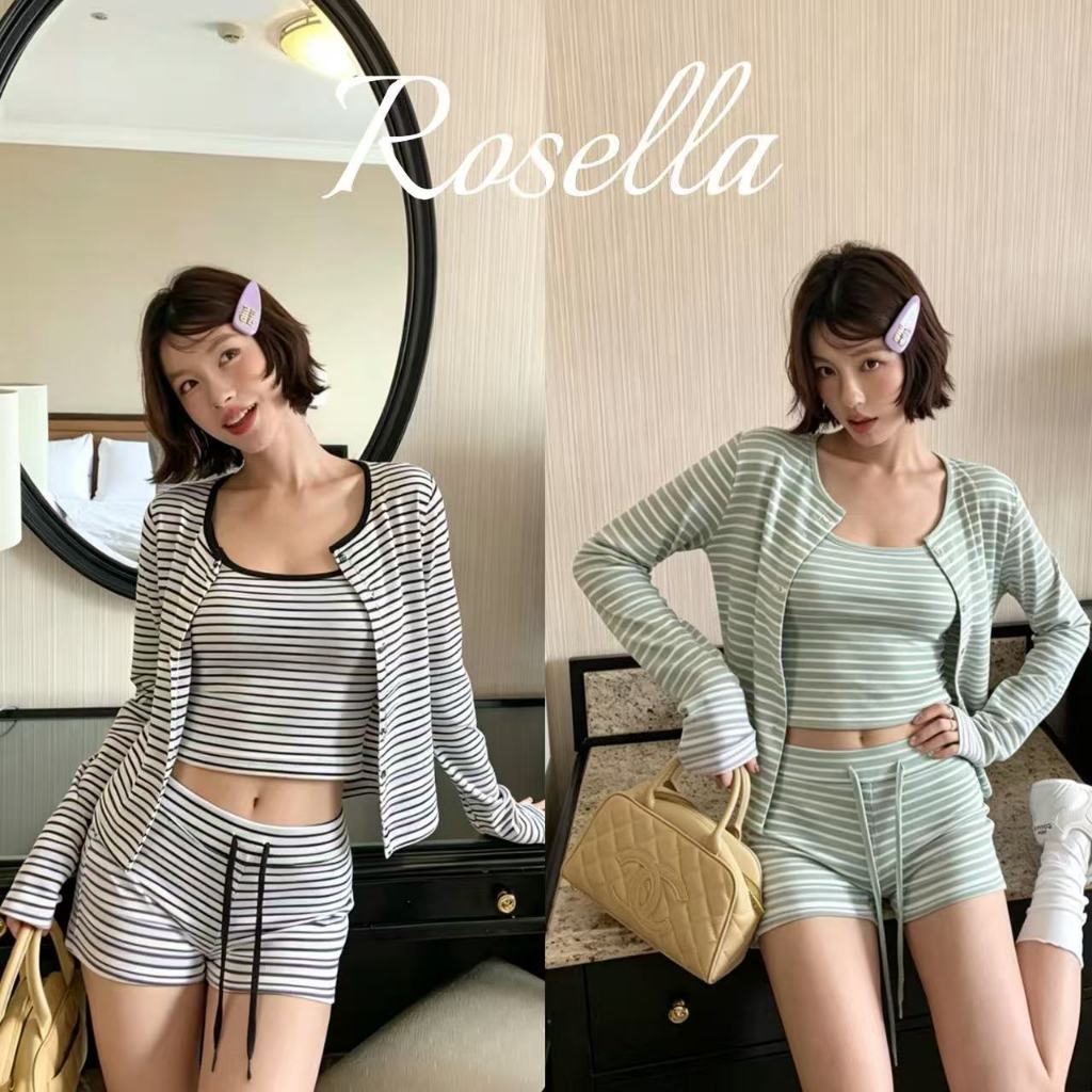 Rosella【สินค้าใหม่👗】ชุดลำลองสไตล์เรโทรสุดคลาสสิก ประกอบด้วย เสื้อคาร์ดิแกนลายทาง เสื้อกล้าม และกางเกงขาสั้นผูกเชือก