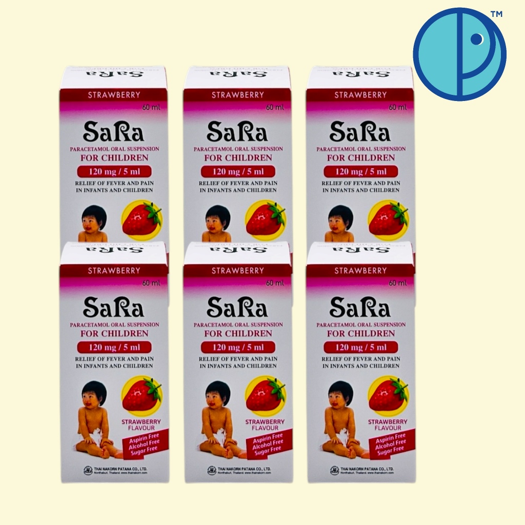 (ยกแพค 6 ขวด x 60 มล.) Sara For Children Paracetamol 120 mg./5 ml. ซาร่า พาราเซตามอล สำหรับเด็ก รสสตรอเบอรี่