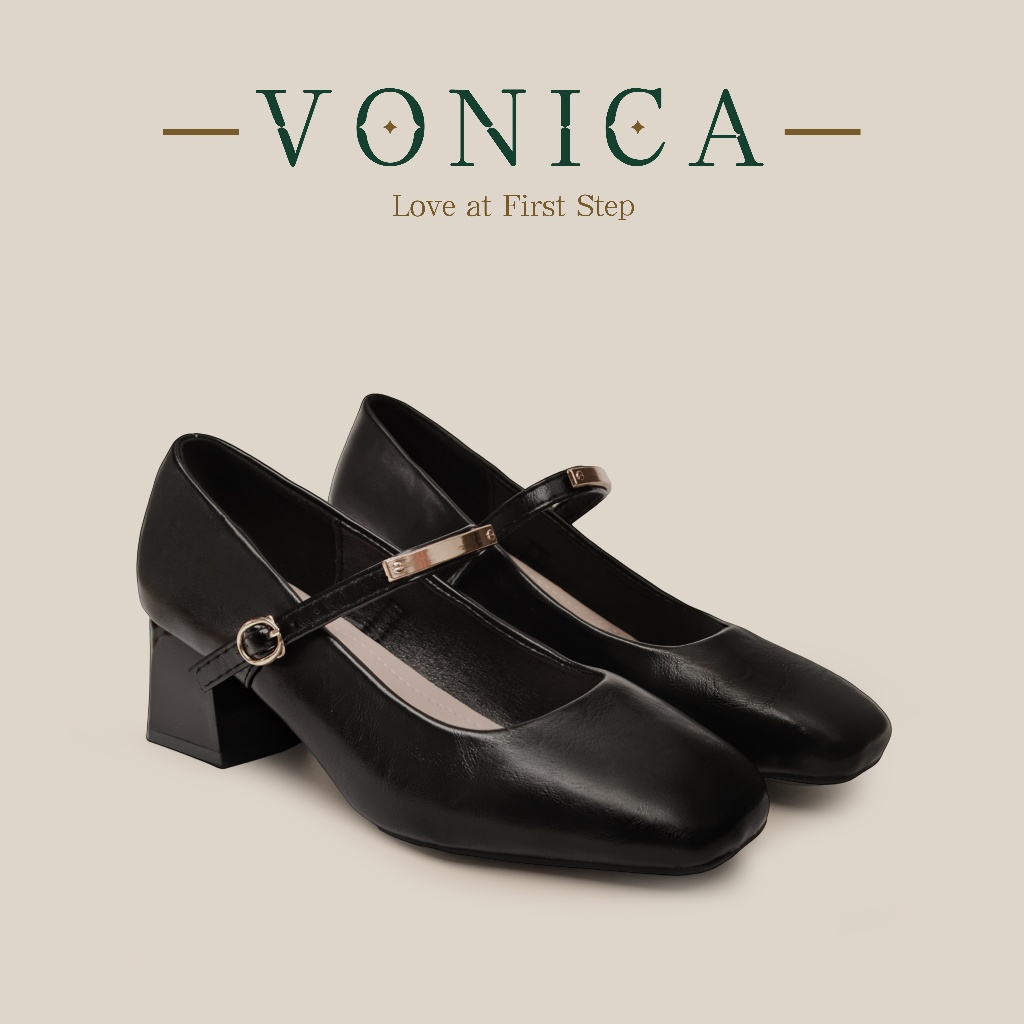VONICA รองเท้าแมรี่เจนผู้หญิงสีดำ หัวเหลี่ยม ส้นบล็อก สไตล์เรโทร ใส่ทำงานสบาย