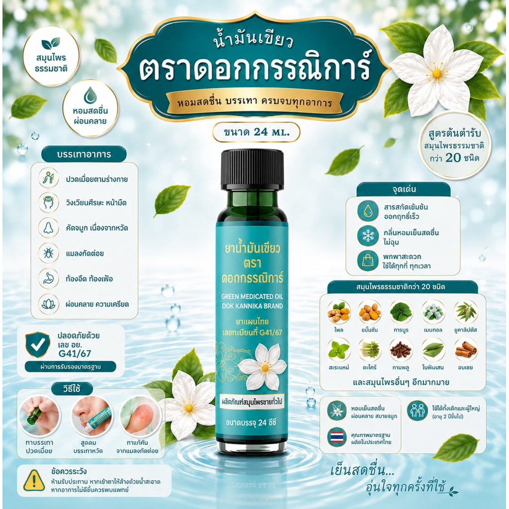 ☘️ใหญ่3ขวด☘️น้ำมันเขียวตราดอกกรรณิการ์ กลิ่นดั้งเดิมแท้ ต้นตำรับ