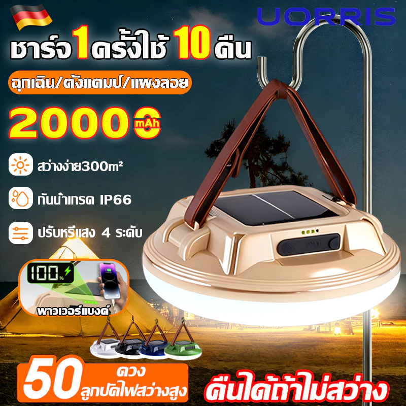 ไฟแคมป์ปิ้งพลังงานแสงอาทิตย์ 20000mAh ชาร์จไฟได้ LED กันน้ำ IPX5 โคมไฟฉุกเฉินแบบพกพา