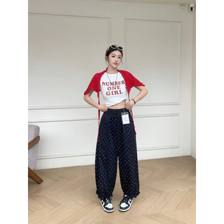 Gang_jeans#9527(K)🚩กางเกงขายาวลายจุด Polka Dot ผู้หญิง ทรงกระบอกหลวม เอวสม็อค แฟชั่นเกาหลี