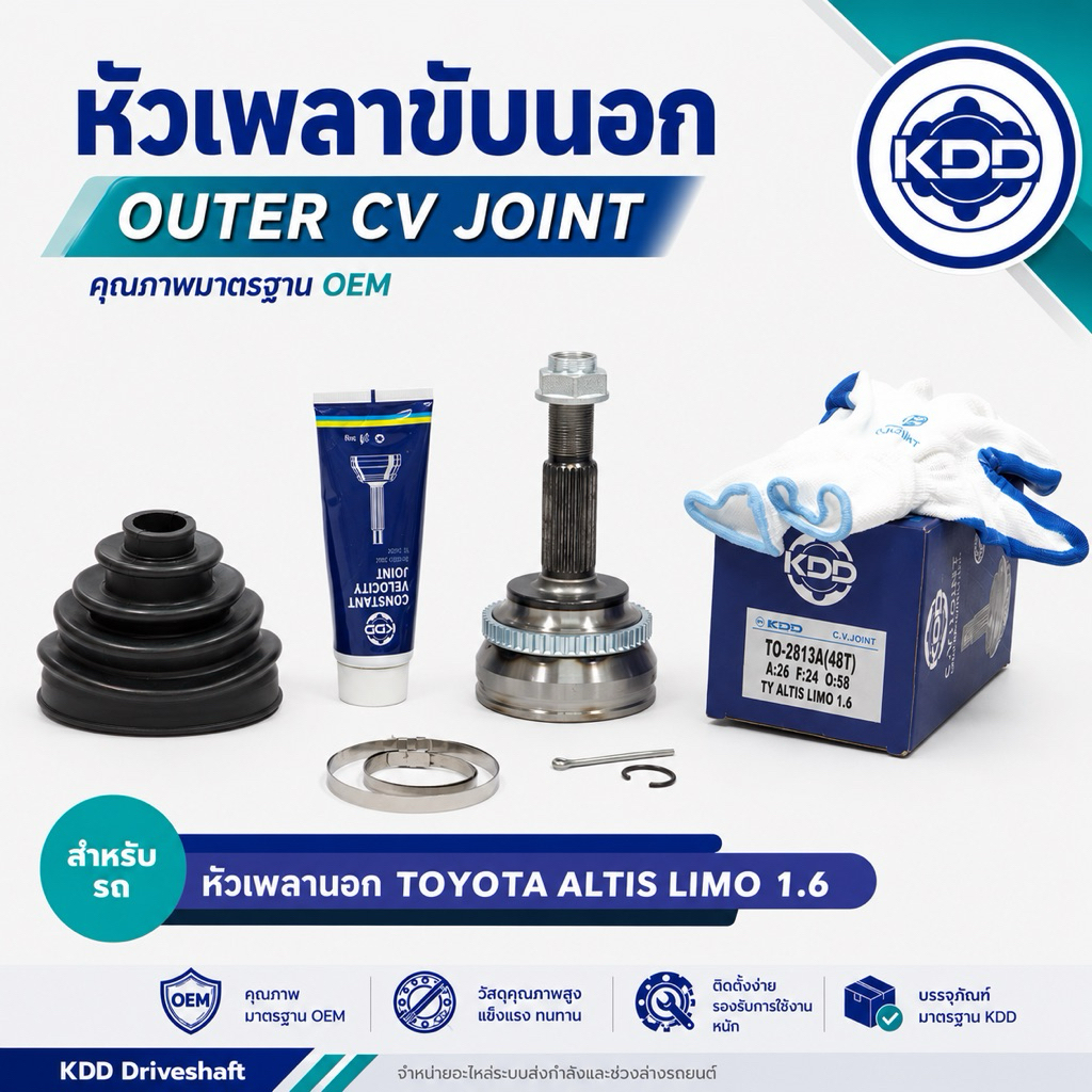 หัวเพลาขับด้านนอก (CV Joint) KDD สำหรับ TOYOTA ALTIS LIMO เครื่อง 1.6 ABS (รหัส TO-2813A(48T))