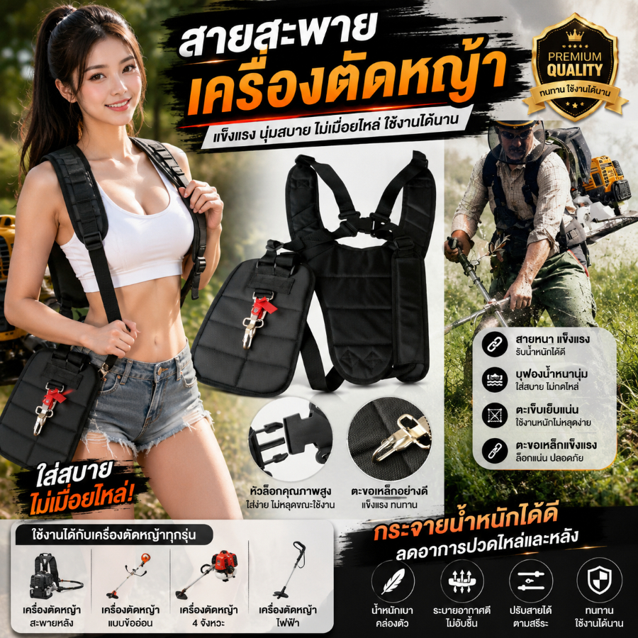 EARTH สายสะพาย เครื่องตัดหญ้า ถูกที่สุด แบบบ่าคู่ ตัดหญ้า เสื้อกั๊ก ดำ หนานุ่ม ชำระปลายทางได้ จัดส่งรวดเร็ว