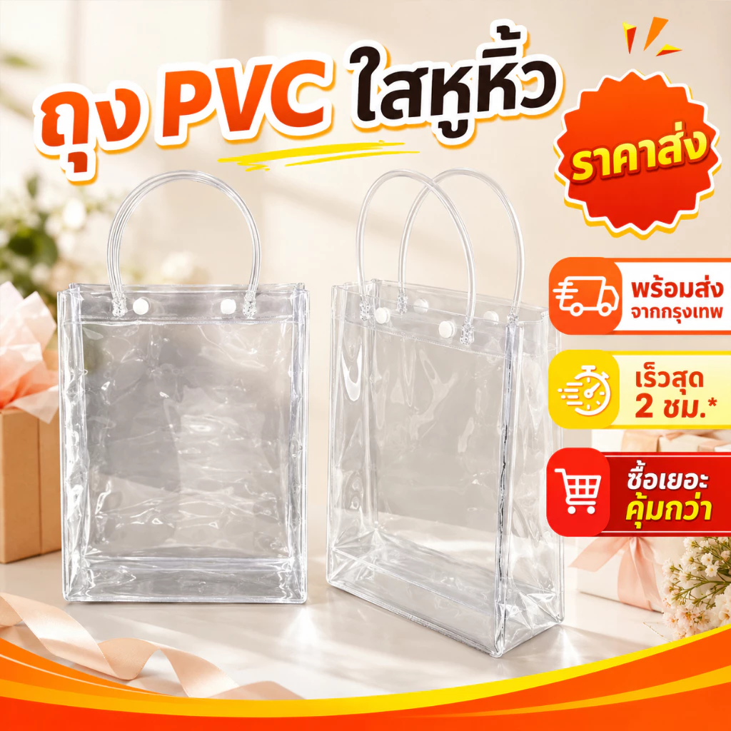 ถุง PVC ใสหูหิ้ว ราคาส่ง พร้อมส่งจากกรุงเทพ ส่งด่วนในวันเดียว/เร็วสุด 2 ชม. สำหรับของขวัญ งานแต่ง เทศกาล