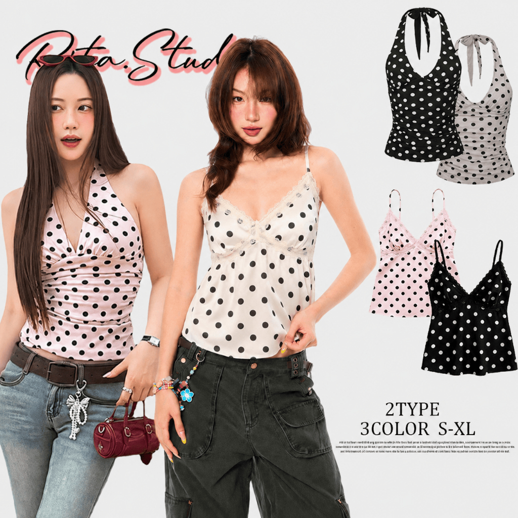 Rita พร้อมส่ง🍒ลายโพกาดอท เสื้อคล้องคอ เสื้อครอป และเปิดหลัง คอวีลึก ผูกคอ ดูแพง เซ็กซี่แฟชั่นผู้หญิง ทรงเข้ารูป จับจีบ