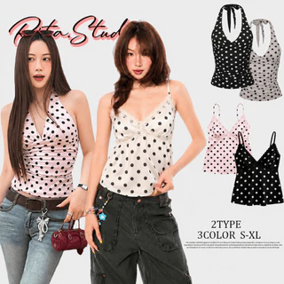 Rita พร้อมส่ง🍒ลายโพกาดอท เสื้อคล้องคอ เสื้อครอป และเปิดหลัง คอวีลึก ผูกคอ ดูแพง เซ็กซี่แฟชั่นผู้หญิง ทรงเข้ารูป จับจีบ