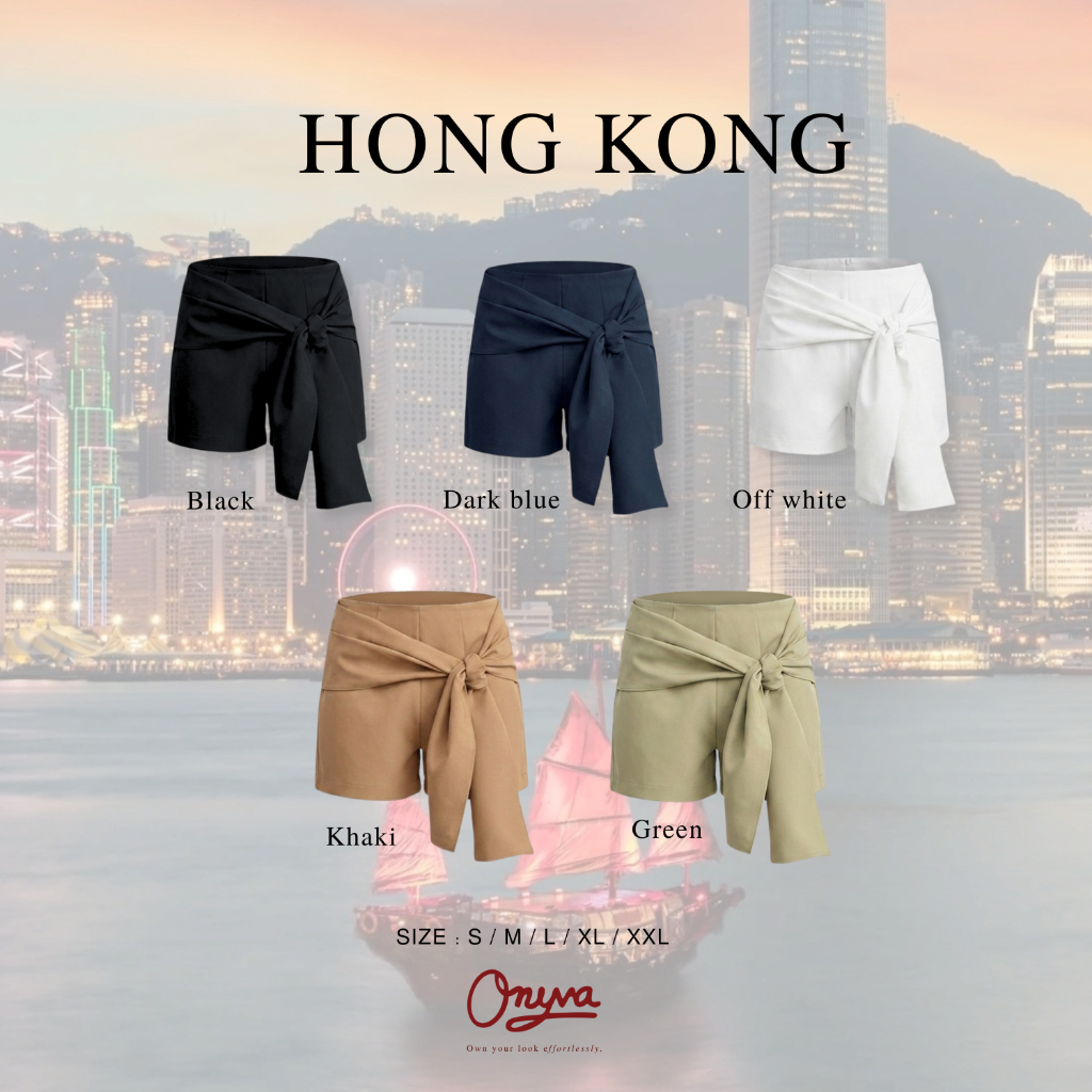 Onyva HONG KONG Shorts - กางเกงขาสั้นผู้หญิงเอวสูง ดีไซน์เกาหลีผูกโบว์ เก็บพุง ขากว้าง สาวอวบใส่ได้ S-XXL
