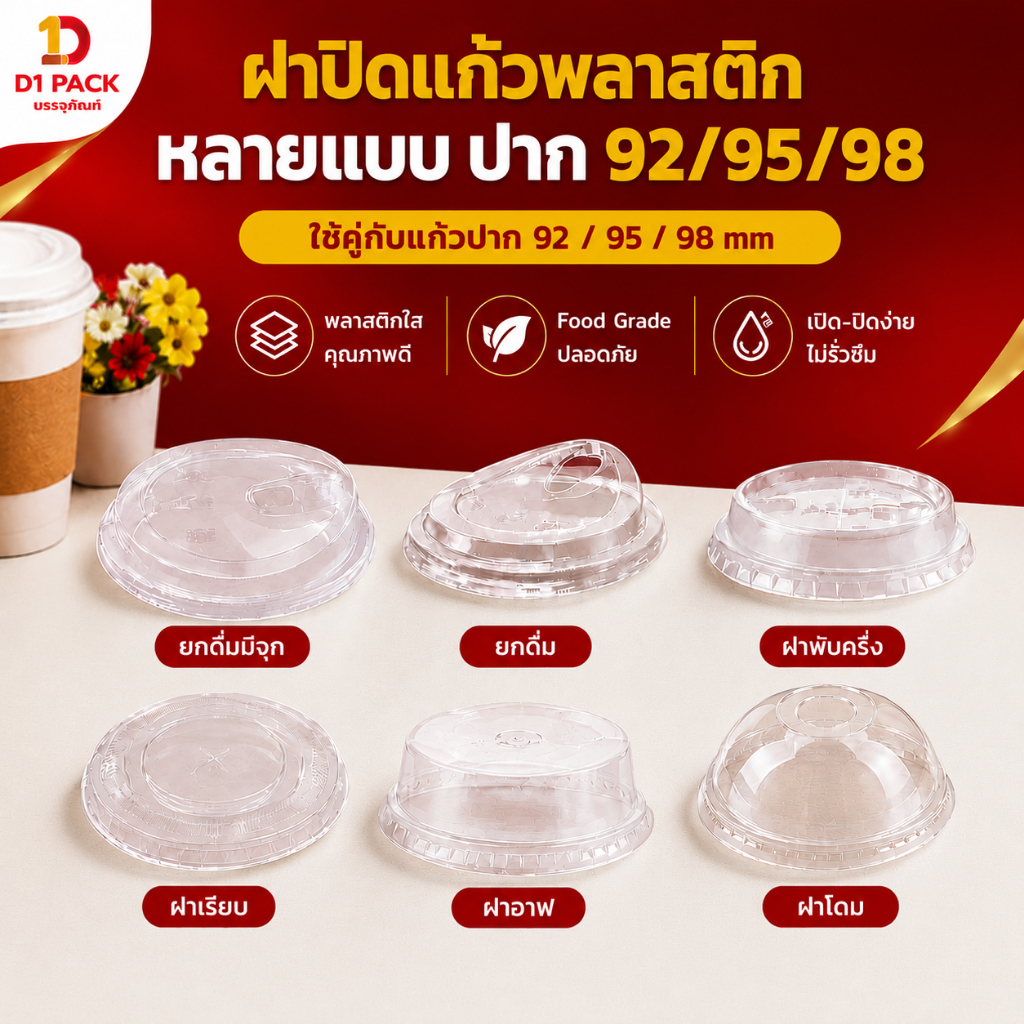 LPE- ฝา ฝาพลาสติก ฝาแก้วน้ำ ฝาเรียบ ฝาโดม ฝายกดื่ม ขนาดปาก 98 mm. (50ใบ)