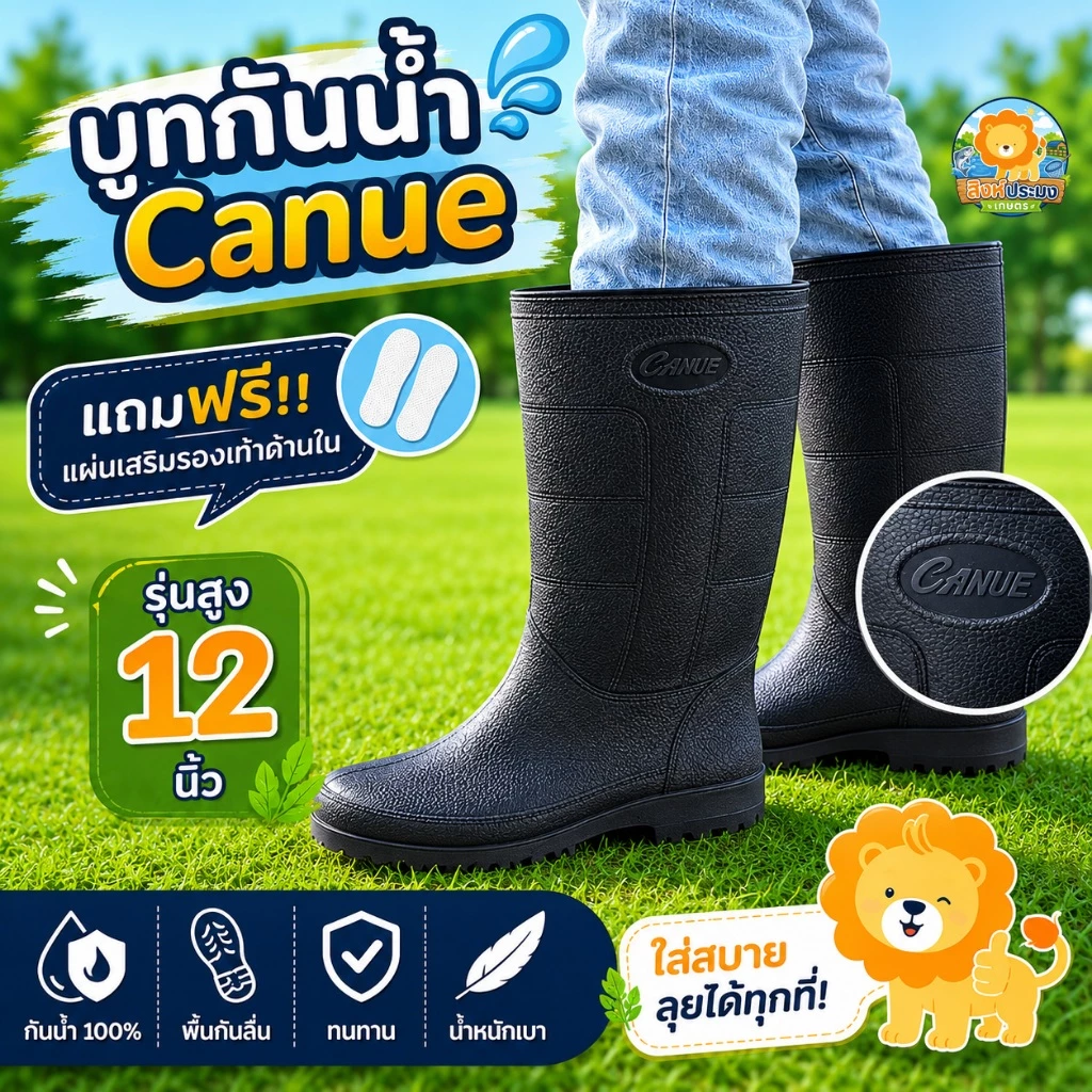รองเท้าบูท สูง 12 นิ้ว CANUE แคนนู รุ่น B01 กันน้ำ พื้นยาง PVC กันลื่น สีดำ คุณภาพดี สวมใส่สบาย