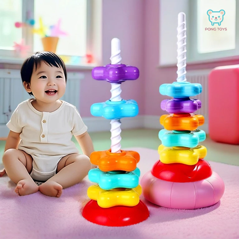 หอคอยสีรุ้งหมุน ห่วงเจดีย์สวมหลัก 6 ชั้น หมุนลงอัตโนมัติ ของเล่นเด็กเสริมพัฒนาการ ฝึกมือสมอง ของขวัญเด็ก[พร้อมส่ง]