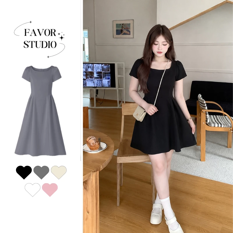 【XS-5XL】 เดรสยาวปานกลาง คอเหลี่ยม แขนสั้น เดรส A-line เรียบหรู ชุดทำงานสุภาพ เข้ารูป พลัสไซซ์