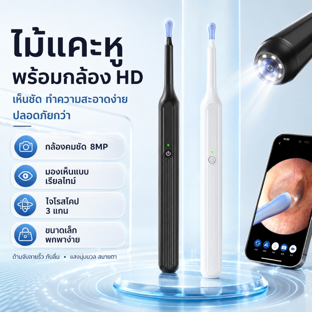 INSMART ไม้แคะหูมีกล้อง  ที่แคะหู WIFI พร้อมช้อนหู5อัน ไฟLED แสง6ชนิด กันน้ำ ดูได้360องศา