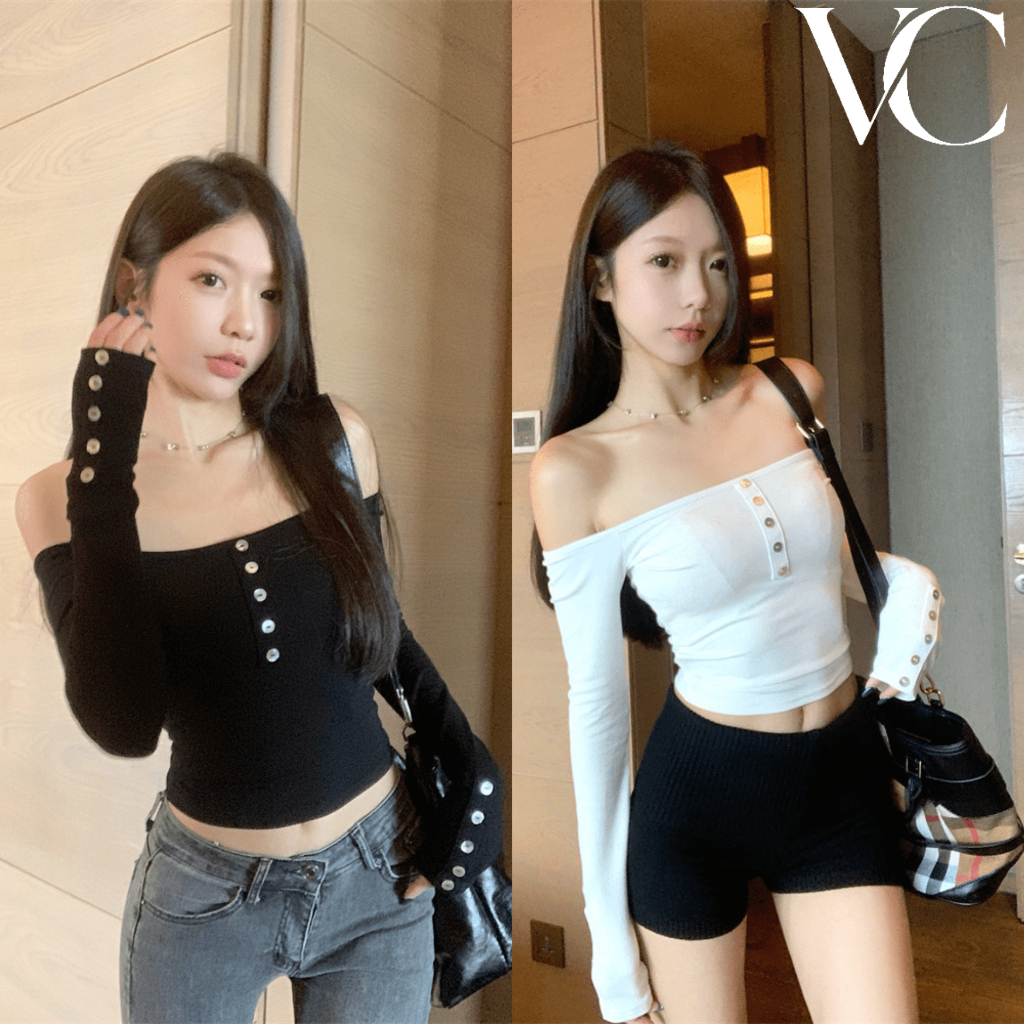 เสื้อครอปเปิดไหล่ แขนยาว แต่งกระดุม สลิมฟิต เซ็กซี่ สไตล์ Y2K อเมริกัน แฟชั่นผู้หญิง Z12
