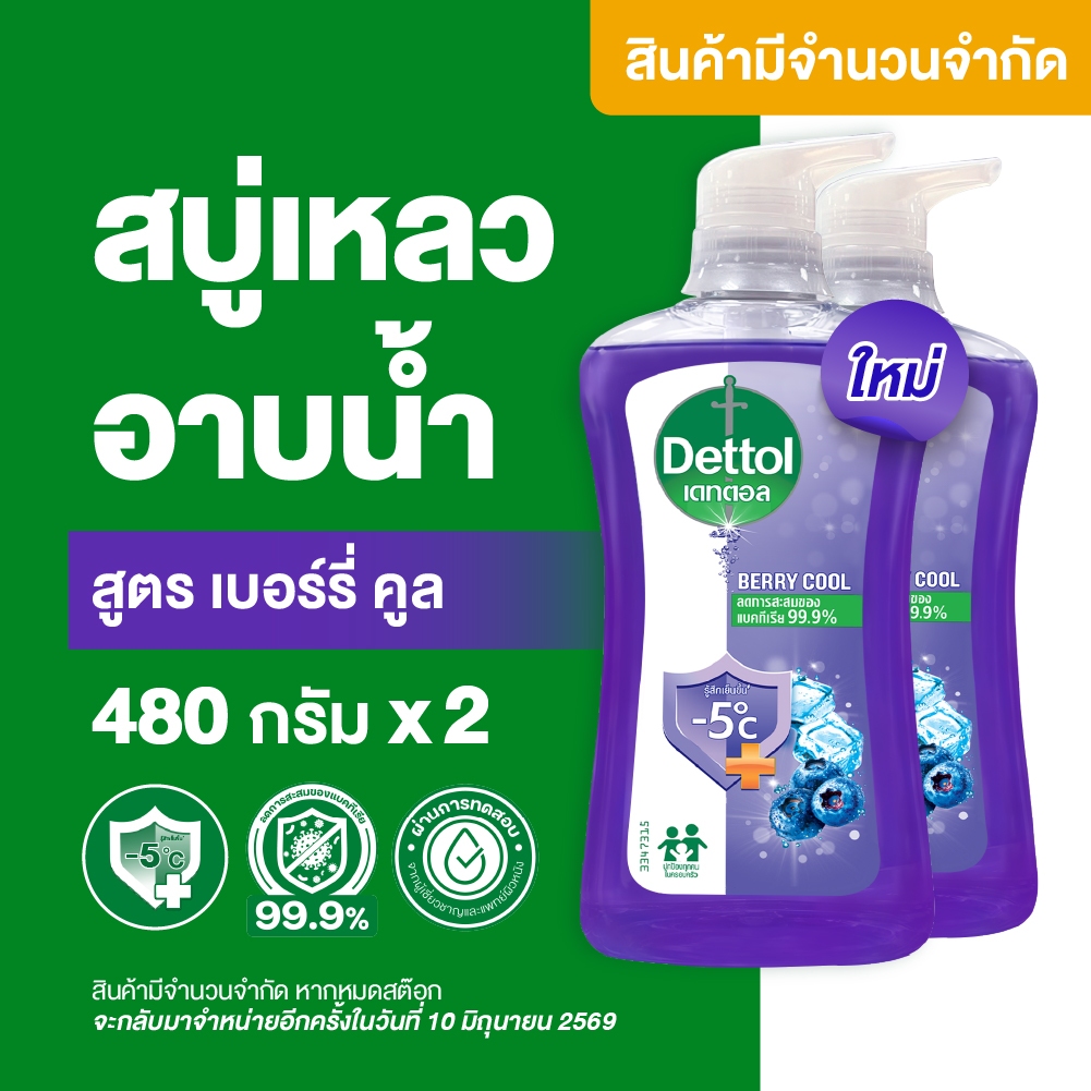[แพ็ค2]Dettol เดทตอล เจลอาบน้ำ สบู่เหลวเดทตอล แอนตี้แบคทีเรีย สูตรเบอร์รี่ คูล 480กรัม Shower Gel Berry Cool 480g.X2