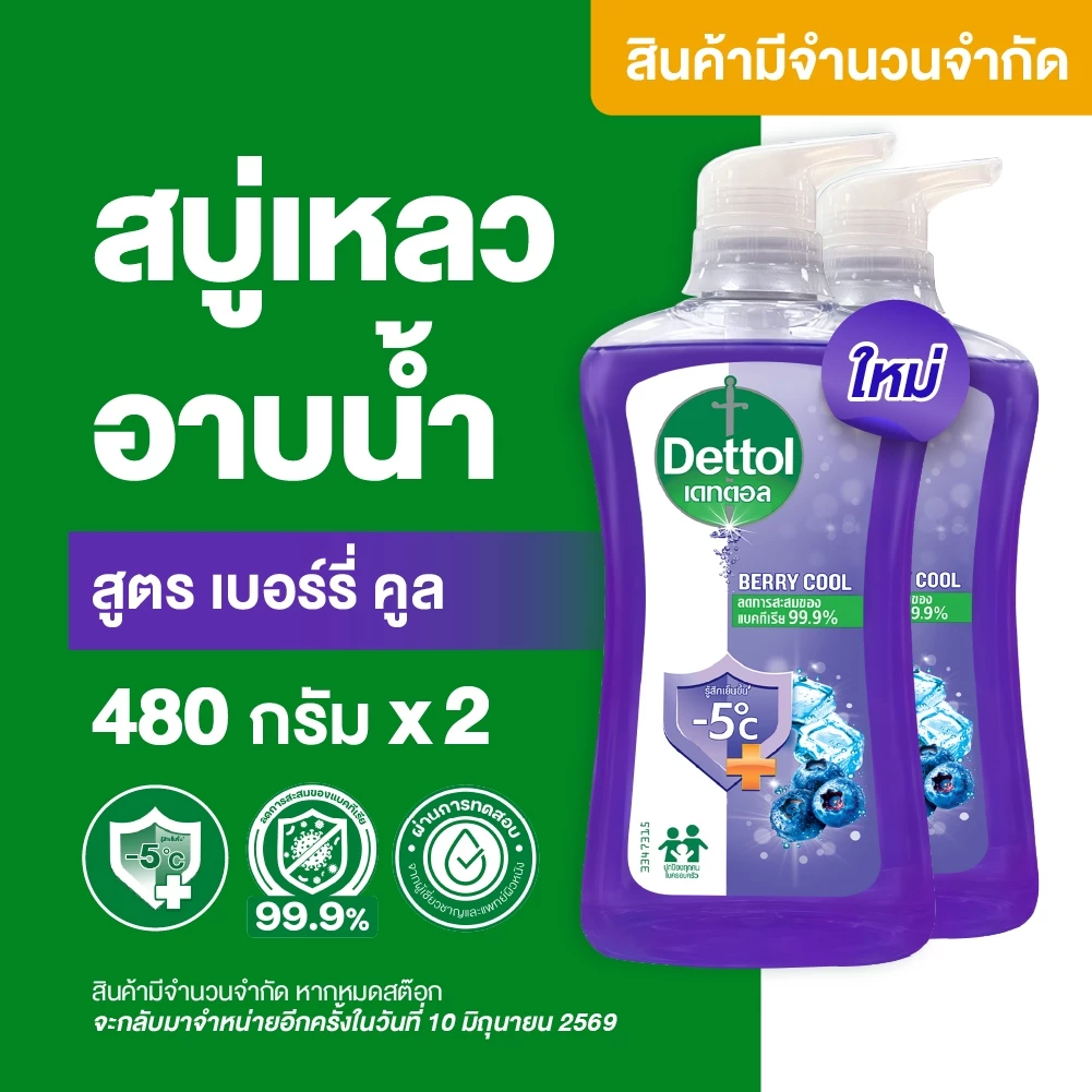 [แพ็ค2]Dettol เดทตอล เจลอาบน้ำ สบู่เหลวเดทตอล แอนตี้แบคทีเรีย สูตรเบอร์รี่ คูล 480กรัม Shower Gel Berry Cool 480g.X2
