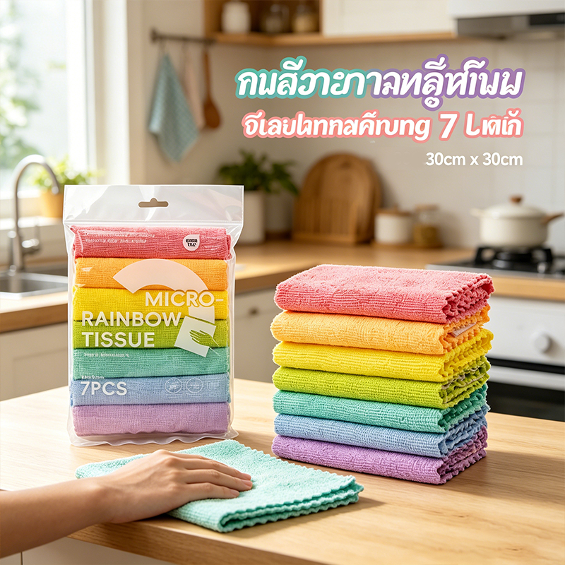ผ้าไมโครไฟเบอร์ 7ผืน สีรุ้งแย 30*30cm ดูดซับน้ำได้ดี แห้งไว ไม่ทิ้งขน ผ้านิ่ม สำหรับทำความสะอาดบ้าน ห้องครัว ผ้าเช็ดรถ