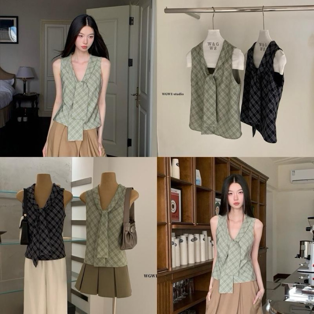 Glamorg1042-เสื้อแขนกุดลายสก็อต คอพับผูกได้ มีซับใน