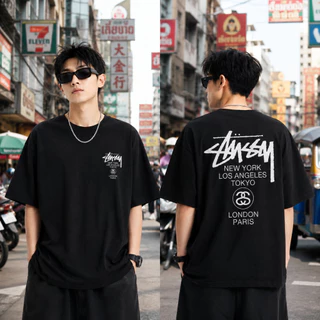 （จัดส่งตลอด 24 ชั่วโมง）AwenMoor เสื้อยืดแขนสั้นผู้ชายสไตล์เกาหลีไซส์ใหญ่คอกลมลายพิมพ์ผ้าฝ้ายสำหรับฤดูร้อน