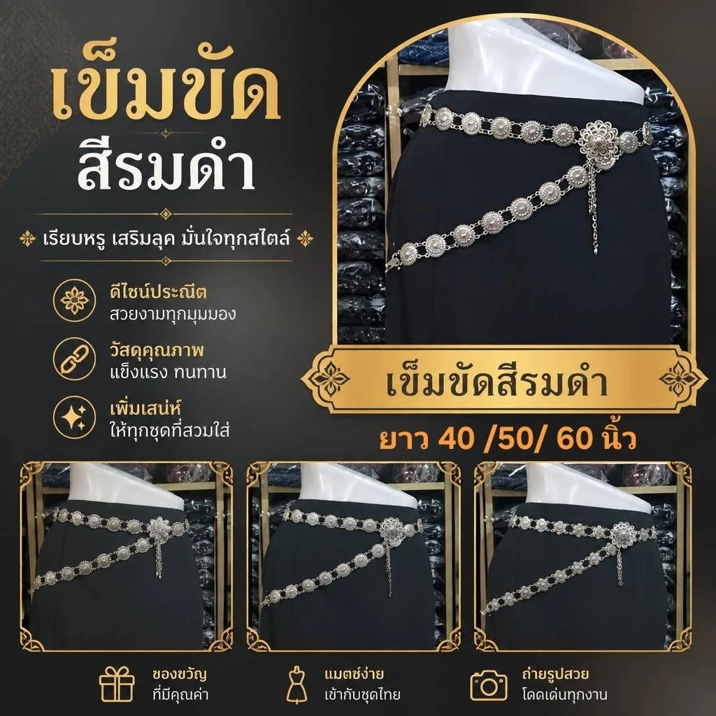 เข็มขัดใส่กับผ้าไทย สีรมดำ มีความยาว 40-50-60 นิ้ว