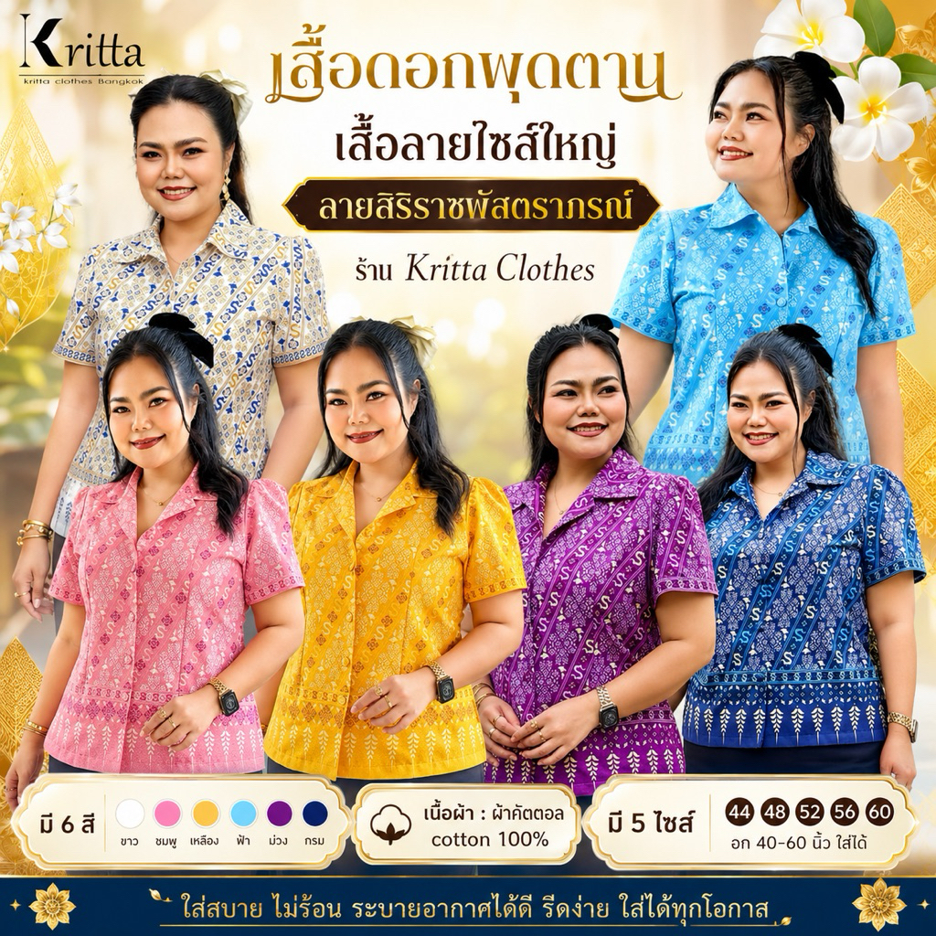 เสื้อดอกพุดตาน เสื้อเชิ้ตลายสิริราชพัสตราภรณ์ไซส์ใหญ่