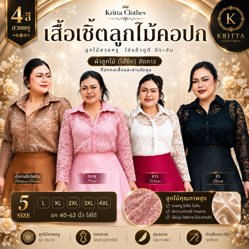 เสื้อเชิ้ตลูกไม้คอปก แขนยาว อก 40-62 นิ้ว ไซส์ใหญ่ ผ้าลูกไม้ไม่คัน ไม่ร้อน ดีไซน์เรียบหรู สำหรับผู้หญิง