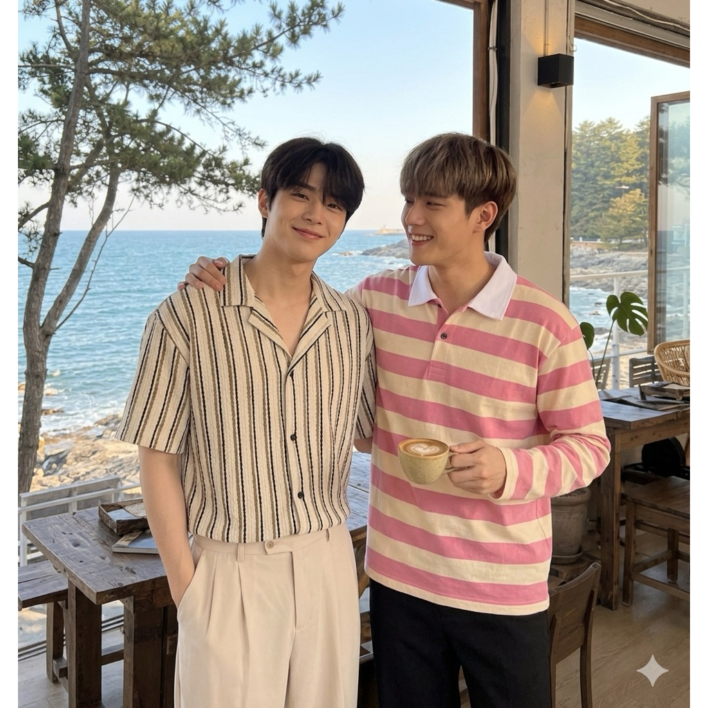 เสื้อโปโลลายทางสีชมพูบานเย็น