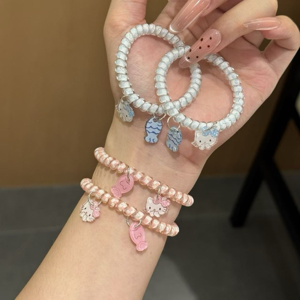 สินค้าพร้อมส่ง  Hello Kitty ยางรัดผม แบบเกลียวสีชมพู สีฟ้าสไตล์เกาหลี (ราคาต่อ 1 เส้น)