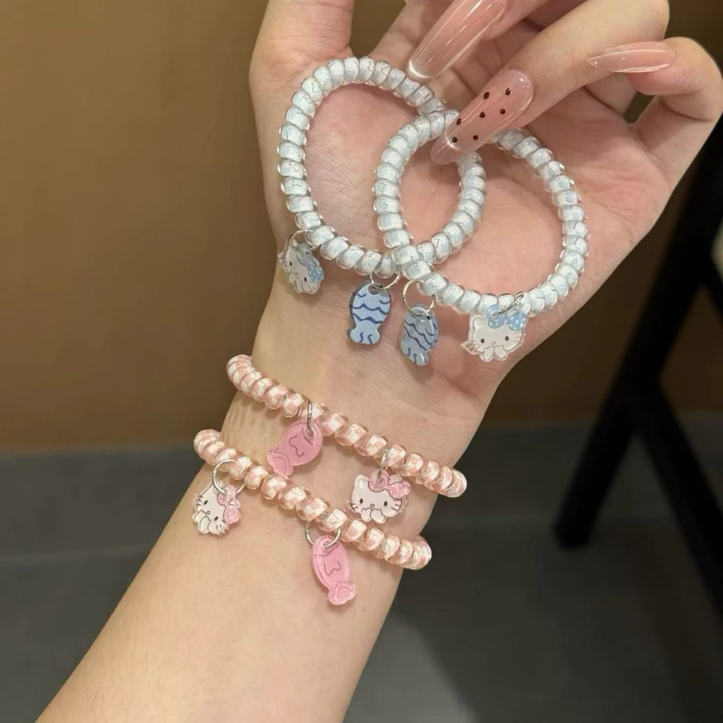 สินค้าพร้อมส่ง Hello Kitty ยางรัดผม แบบเกลียวสีชมพู สีฟ้าสไตล์เกาหลี (ราคาต่อ 1 เส้น)